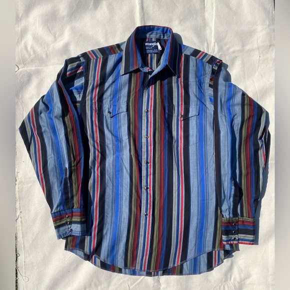 Wrangler Other - Wrangler Vibrant Striped Button Down Shirt Black Snap Button Vintage Western
